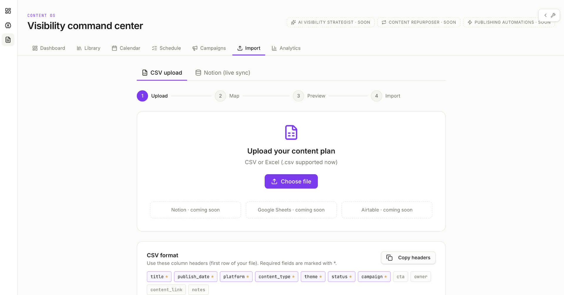 Content OS import wizard with CSV upload and Notion live sync